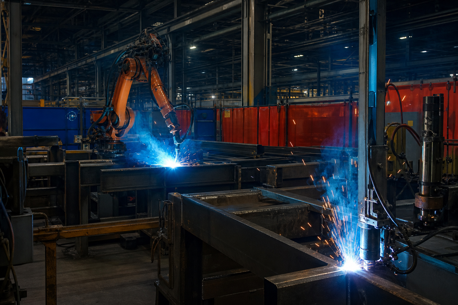 Taller industrial de soldadura con arco y estructura